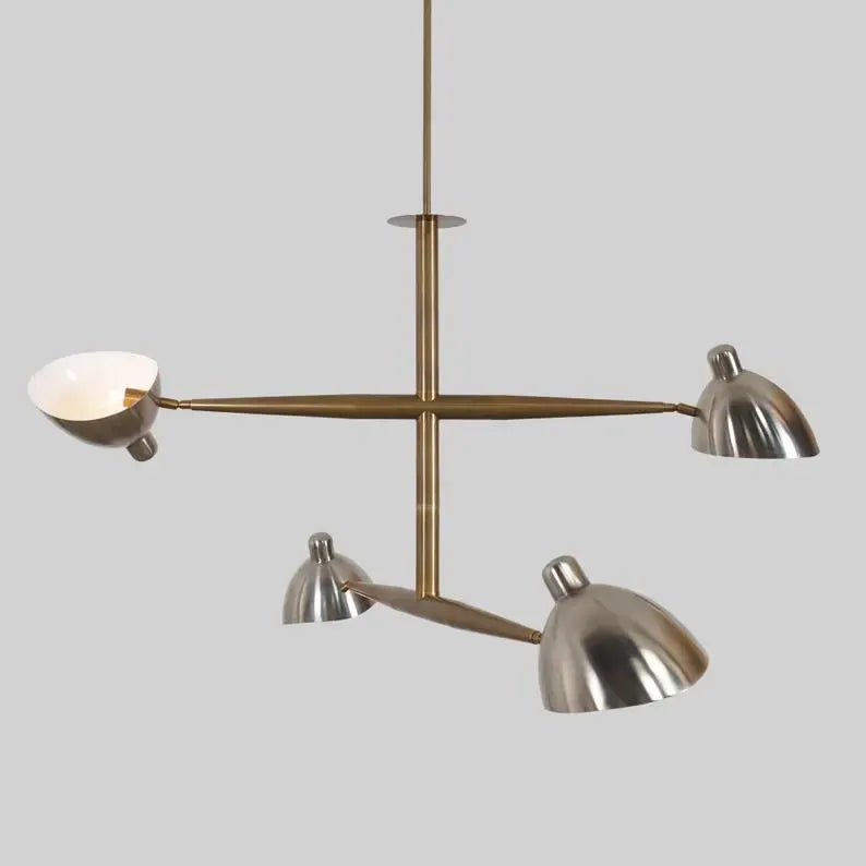 Four Lights Brass Sputnik Chandelier, Mid Century Modern Adjustable Ceiling Light Fixture, Handcrafted Brass Counterbalance Ceiling Lamp