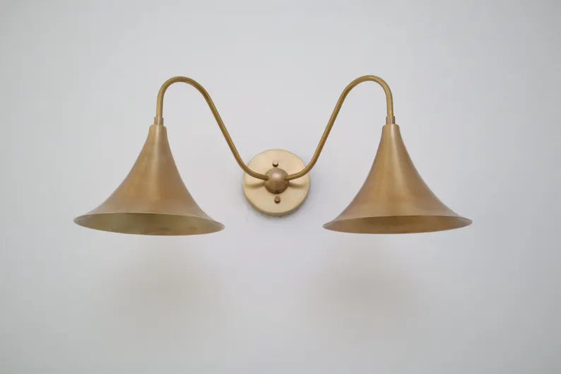 Double Arm Brass Wall Sconce – Handcrafted Bell Shade Mid-Century Light (2-Light Fixture)