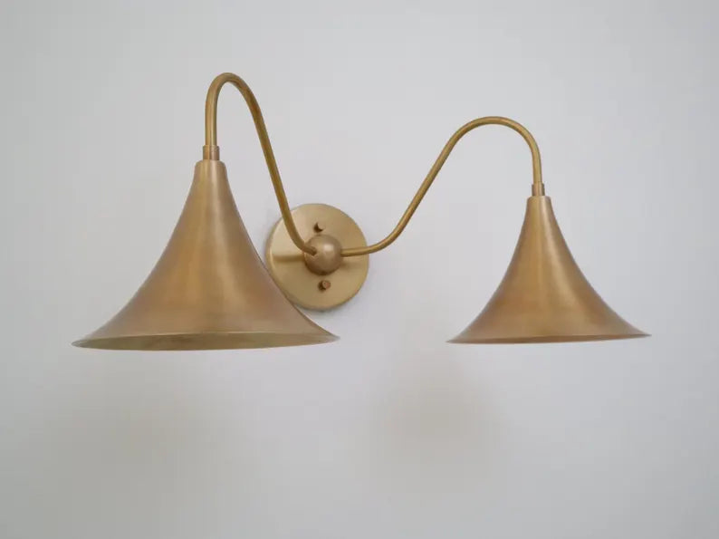 Double Arm Brass Wall Sconce – Handcrafted Bell Shade Mid-Century Light (2-Light Fixture)