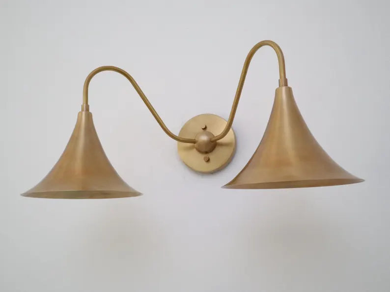 Double Arm Brass Wall Sconce – Handcrafted Bell Shade Mid-Century Light (2-Light Fixture)