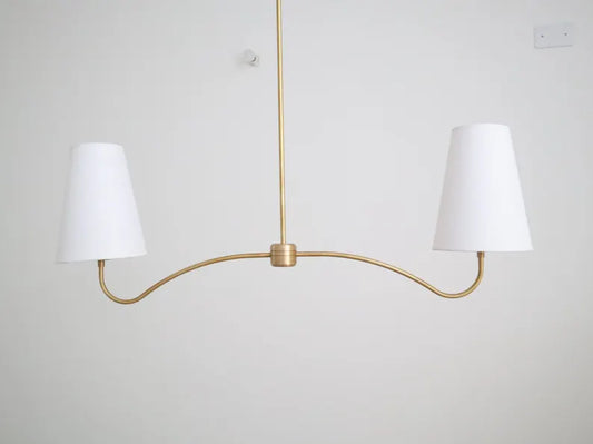 Mid-Century Brass Chandelier – 2-Light Fabric Shade Pendant with Curved Arms