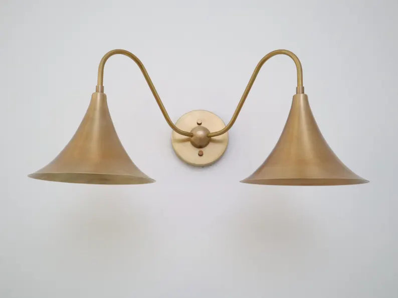 Double Arm Brass Wall Sconce – Handcrafted Bell Shade Mid-Century Light (2-Light Fixture)