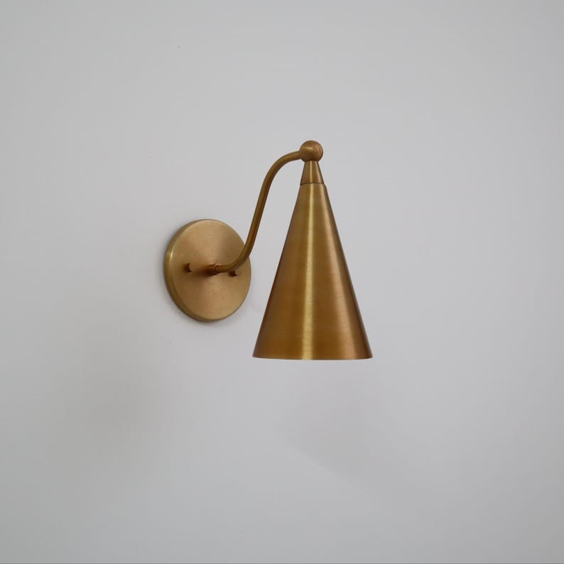 Handcrafted Mid-Century Modern Wall Lamp β Raw Brass Cone Sconce