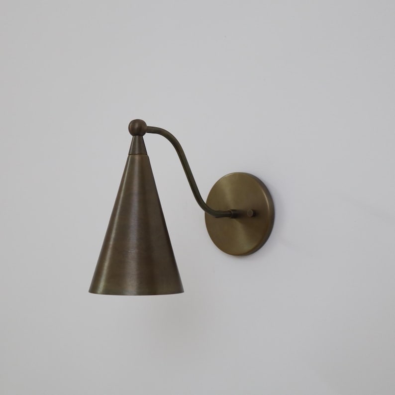 Handcrafted Mid-Century Modern Wall Lamp β Raw Brass Cone Sconce