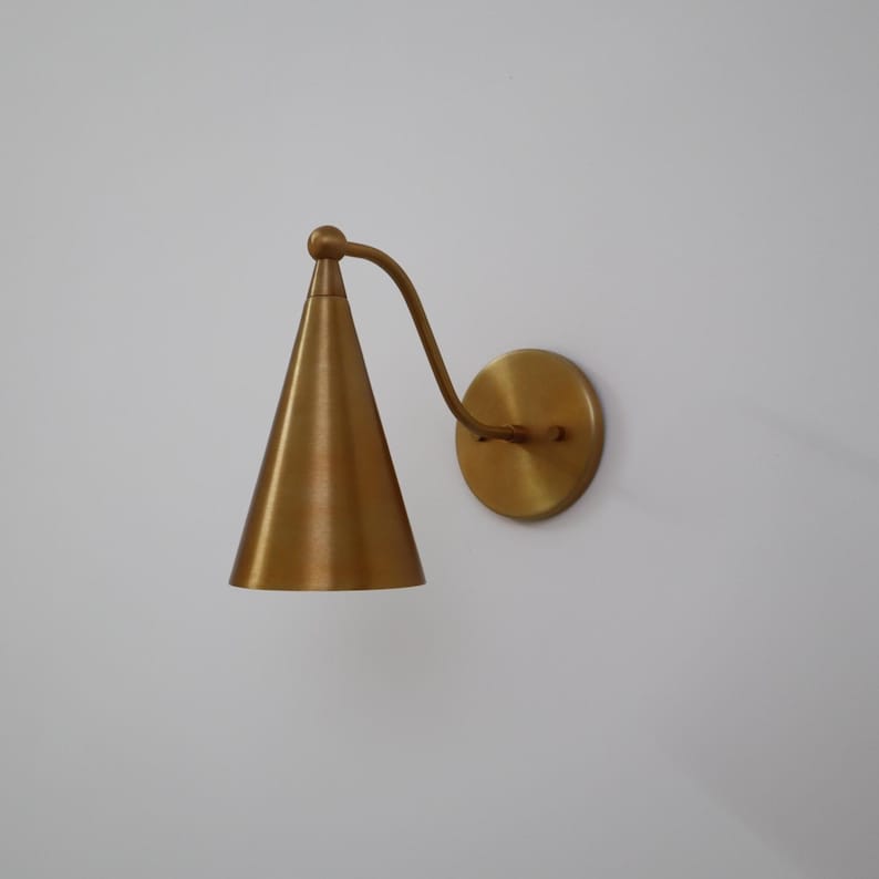 Handcrafted Mid-Century Modern Wall Lamp β Raw Brass Cone Sconce