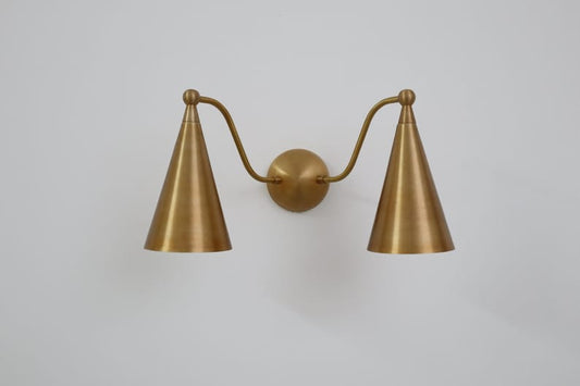 Handcrafted Double Cone Wall Sconce – Mid Century Modern Raw Brass Lamp