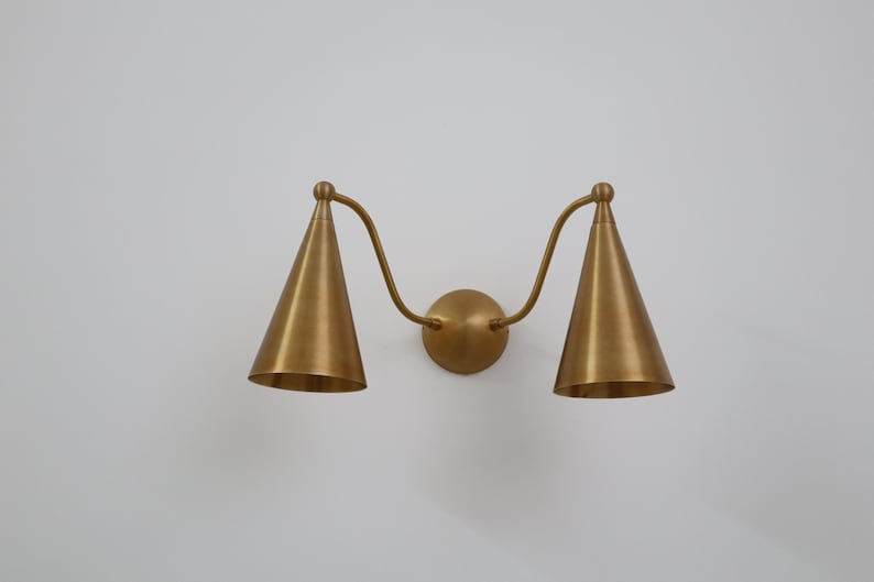 Handcrafted Double Cone Wall Sconce – Mid Century Modern Raw Brass Lamp