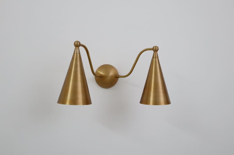Handcrafted Double Cone Wall Sconce – Mid Century Modern Raw Brass Lamp