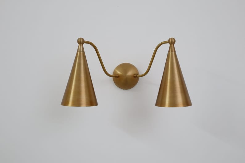 Handcrafted Double Cone Wall Sconce – Mid Century Modern Raw Brass Lamp