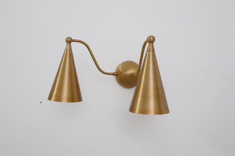 Handcrafted Double Cone Wall Sconce – Mid Century Modern Raw Brass Lamp