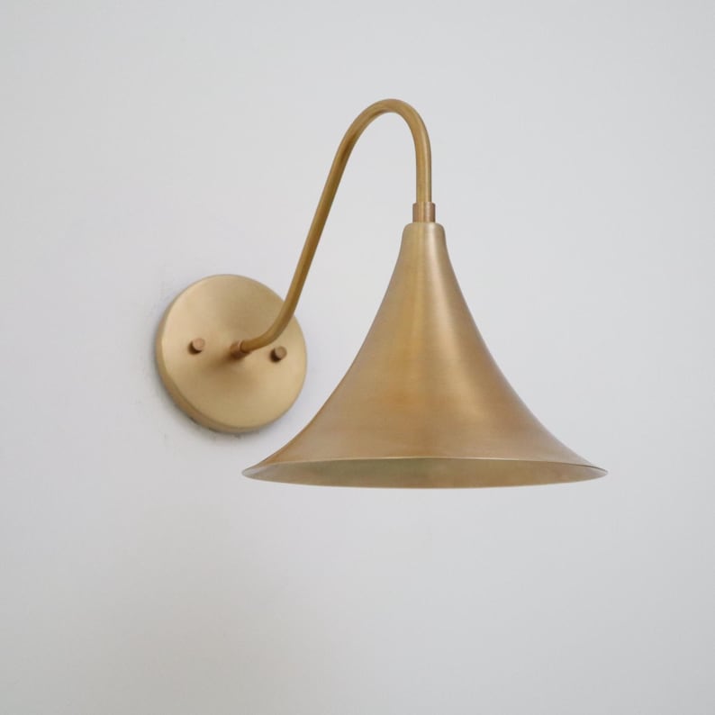 Mid-Century Modern Brass Wall Lamp – Handcrafted Raw Brass Flared Shade Sconce