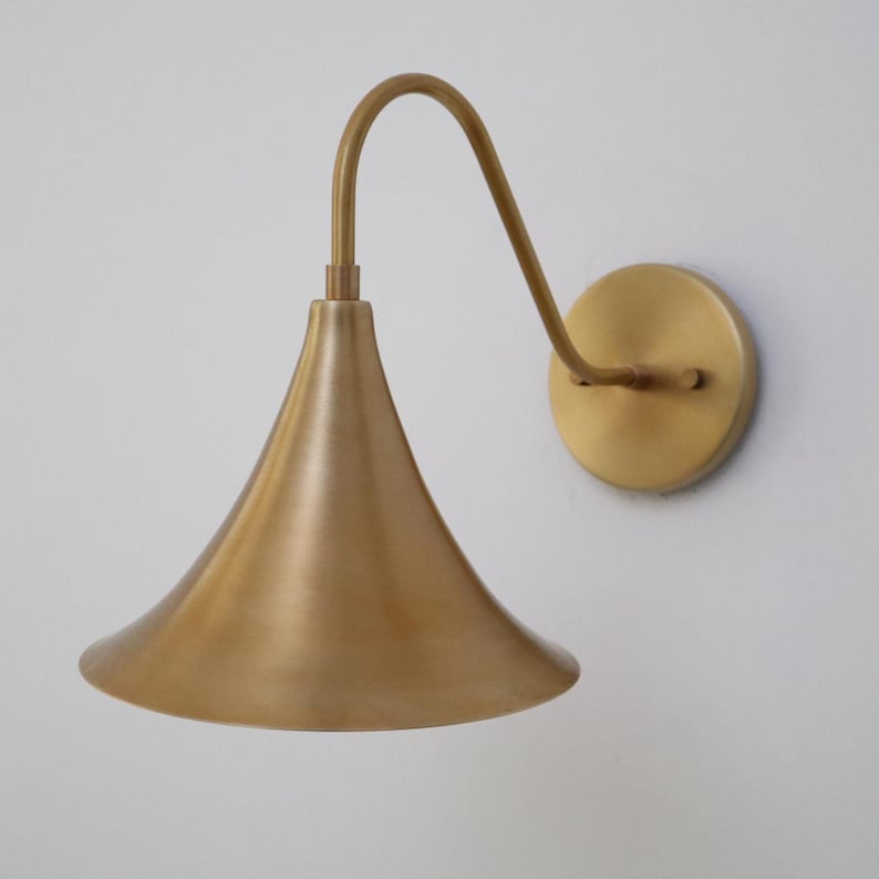 Mid-Century Modern Brass Wall Lamp – Handcrafted Raw Brass Flared Shade Sconce