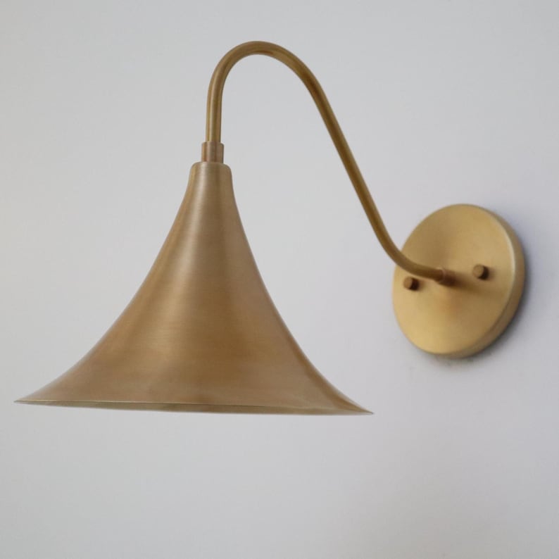 Mid-Century Modern Brass Wall Lamp – Handcrafted Raw Brass Flared Shade Sconce