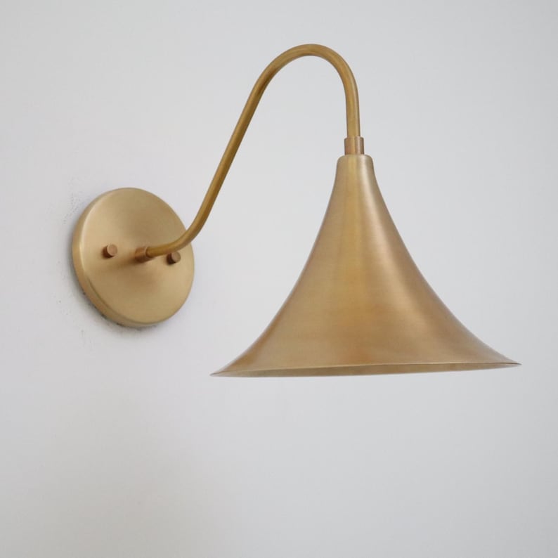 Mid-Century Modern Brass Wall Lamp – Handcrafted Raw Brass Flared Shade Sconce