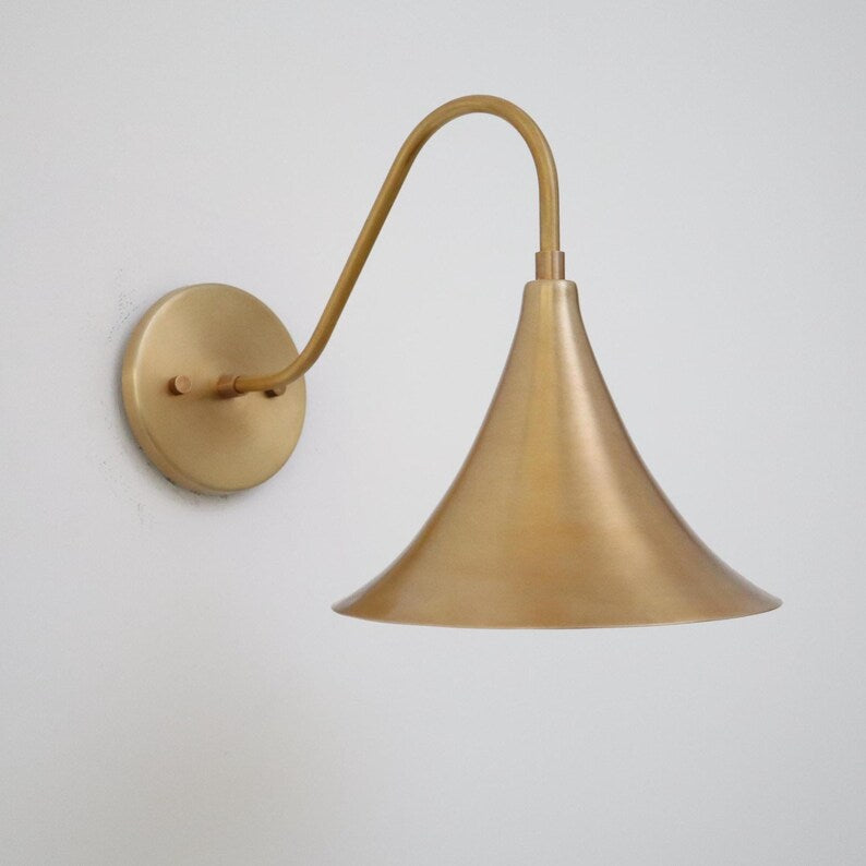 Mid-Century Modern Brass Wall Lamp – Handcrafted Raw Brass Flared Shade Sconce