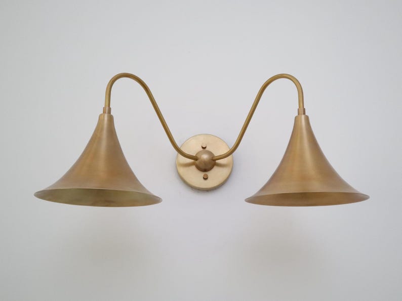 Double Arm Brass Wall Sconce – Handcrafted Bell Shade Mid-Century Light (2-Light Fixture)
