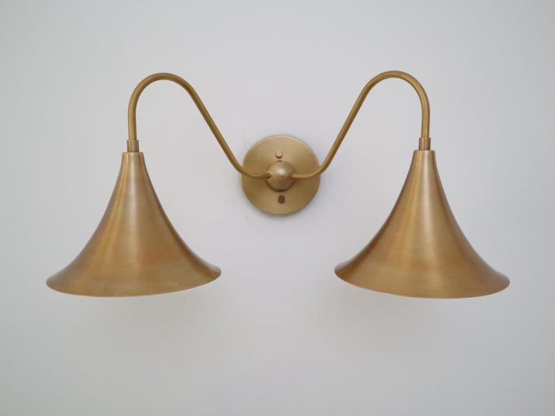 Double Arm Brass Wall Sconce – Handcrafted Bell Shade Mid-Century Light (2-Light Fixture)
