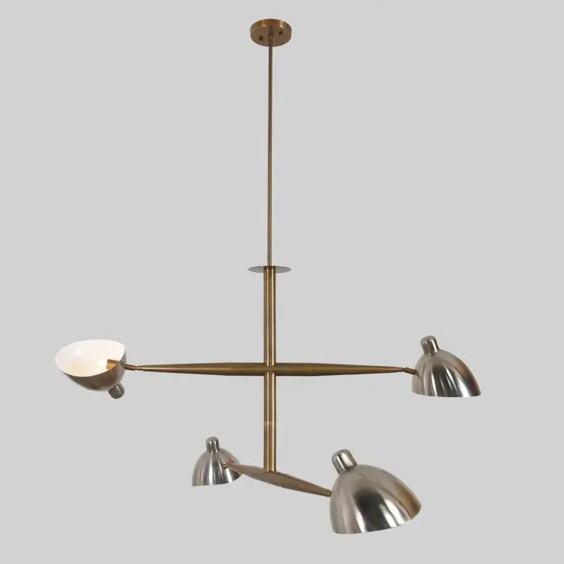 Four Lights Brass Sputnik Chandelier, Mid Century Modern Adjustable Ceiling Light Fixture, Handcrafted Brass Counterbalance Ceiling Lamp