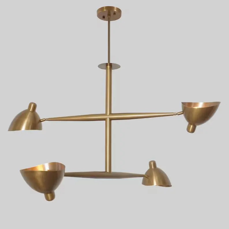 Four Lights Brass Sputnik Chandelier, Mid Century Modern Adjustable Ceiling Light Fixture, Handcrafted Brass Counterbalance Ceiling Lamp
