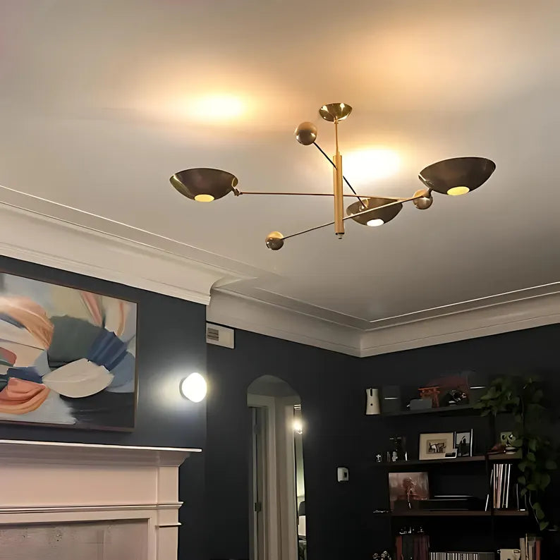 Italian Stilnovo Counterbalance Chandelier – Mid-Century 3-Shade Brass Lamp