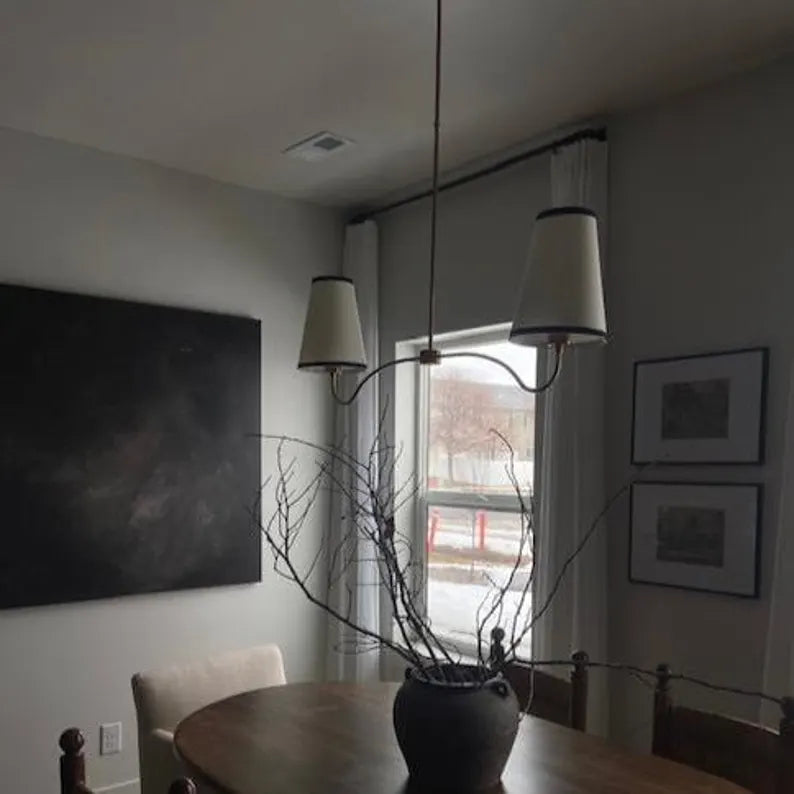 Mid-Century Brass Chandelier – 2-Light Fabric Shade Pendant with Curved Arms