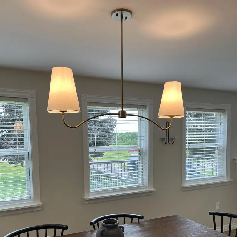 Mid-Century Brass Chandelier – 2-Light Fabric Shade Pendant with Curved Arms