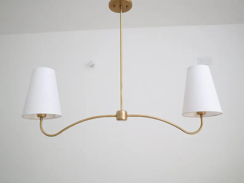 Mid-Century Brass Chandelier – 2-Light Fabric Shade Pendant with Curved Arms