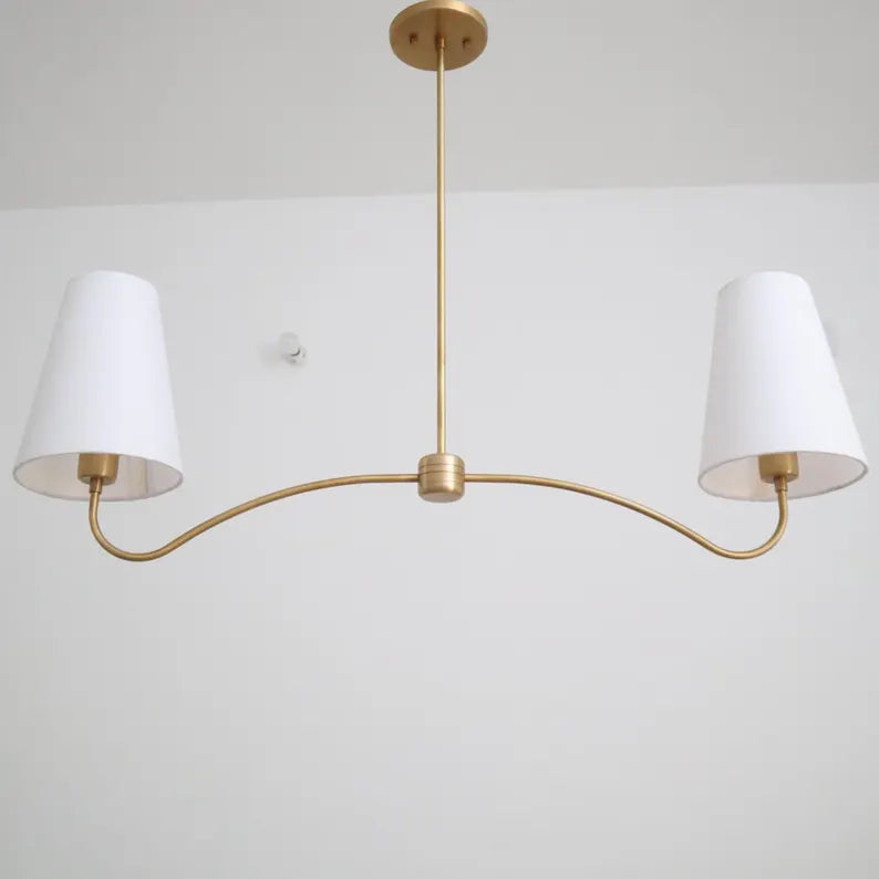 Mid-Century Brass Chandelier – 2-Light Fabric Shade Pendant with Curved Arms