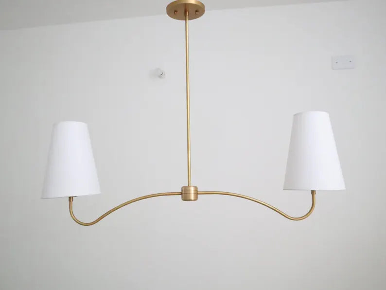 Mid-Century Brass Chandelier – 2-Light Fabric Shade Pendant with Curved Arms
