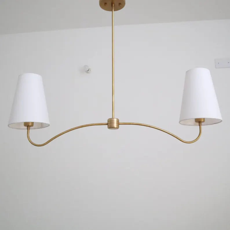 Mid-Century Brass Chandelier – 2-Light Fabric Shade Pendant with Curved Arms