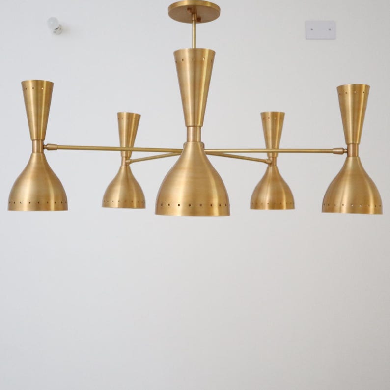 5-Arm Brass Chandelier – Dual Shade 10-Light Mid-Century Modern Ceiling Fixture