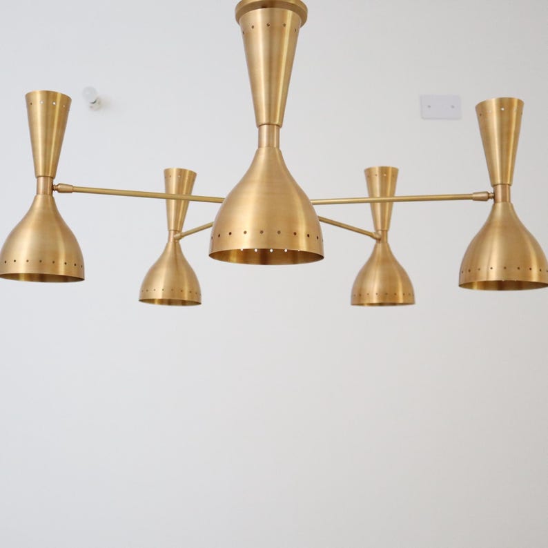 5-Arm Brass Chandelier – Dual Shade 10-Light Mid-Century Modern Ceiling Fixture